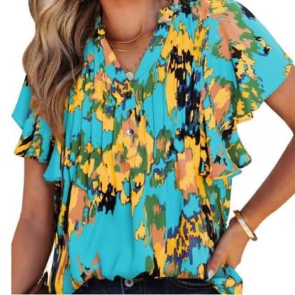 Casual V Neck Boho Floral Blouse Ruffle Short Sleeve/ EXTRA LARGE / BRAND NEW - Picture 1 of 2